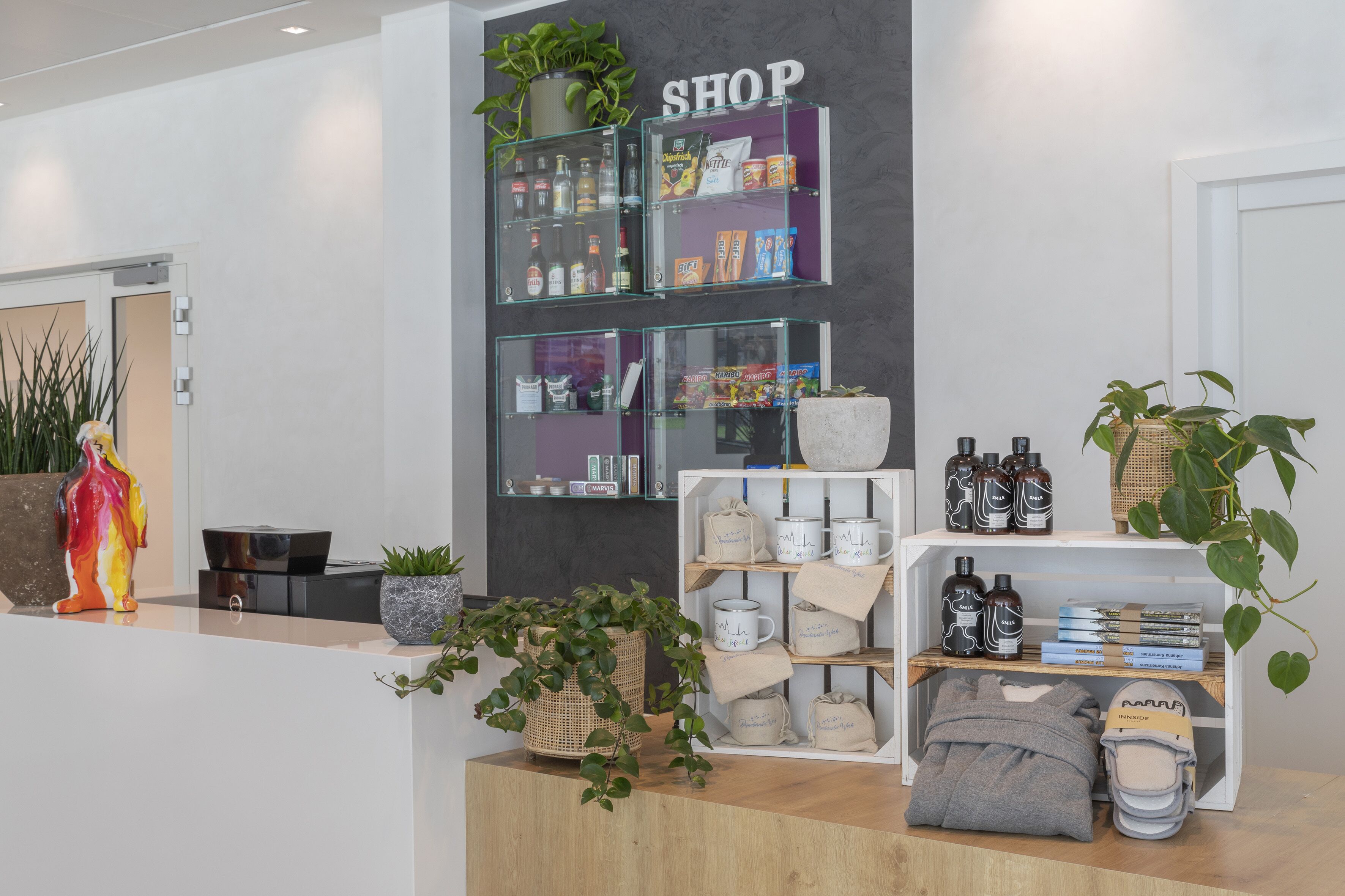 A shop with shelves of products, a reception desk, and decorative plants.