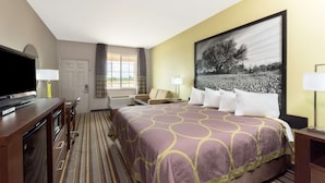 Habitación de hotel con una cama grande, televisor, escritorio y una silla. Hay una ventana con cortinas y un cuadro en la pared.
