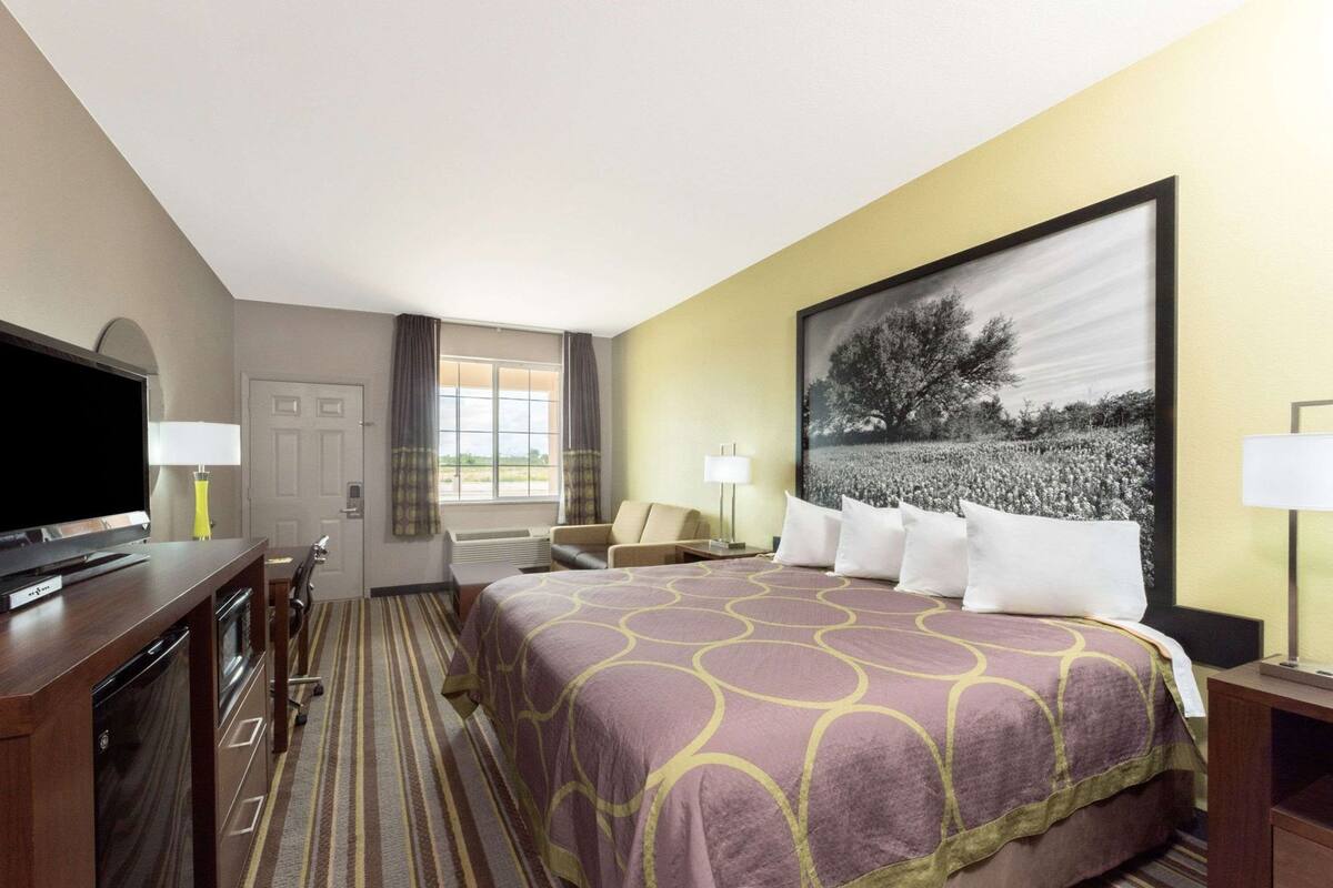 A hotel room with a large bed, a television, a desk with a computer, and a painting on the wall.