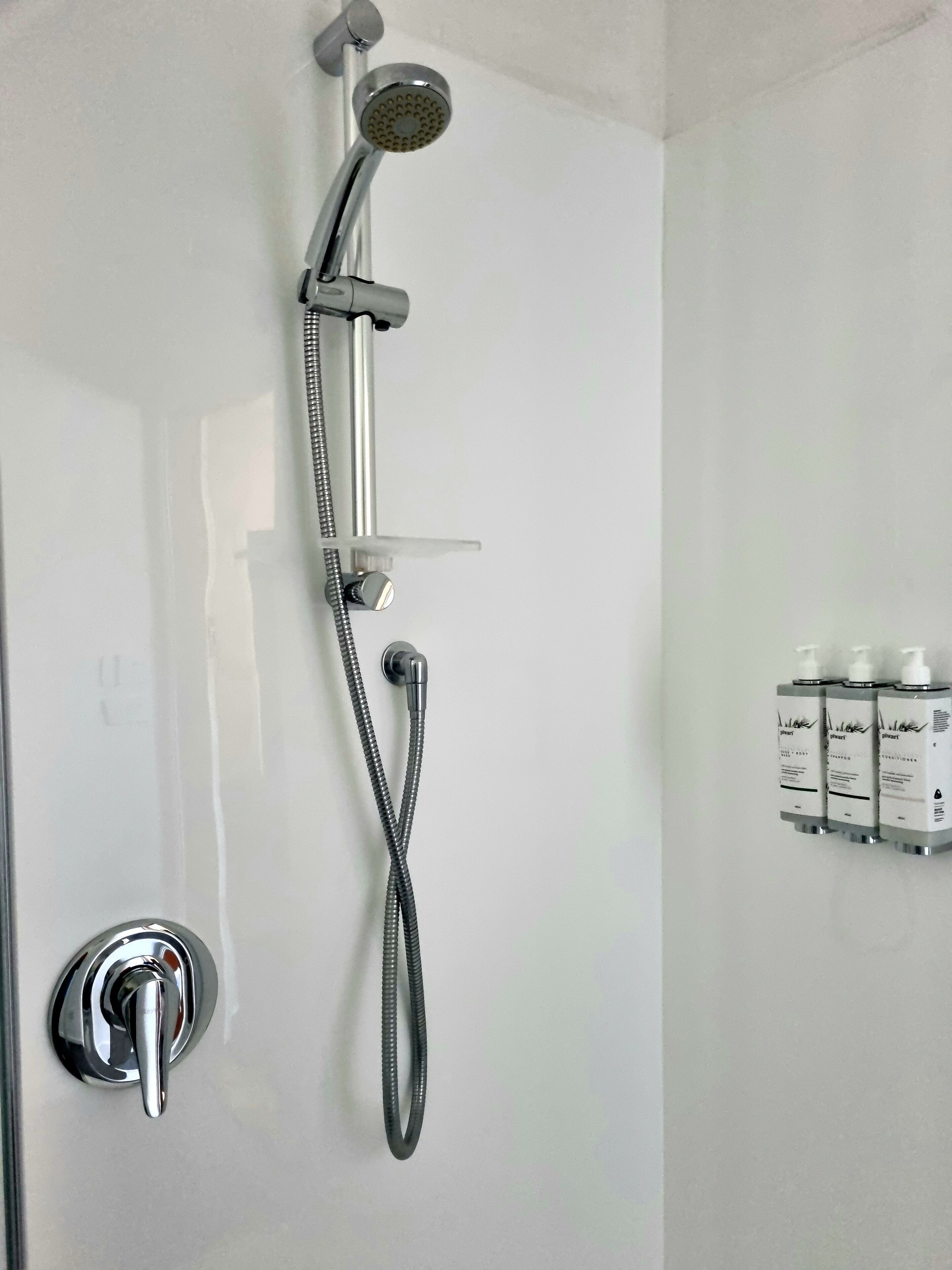 Eine Dusche mit Handbrause und flexiblen Schlauch.