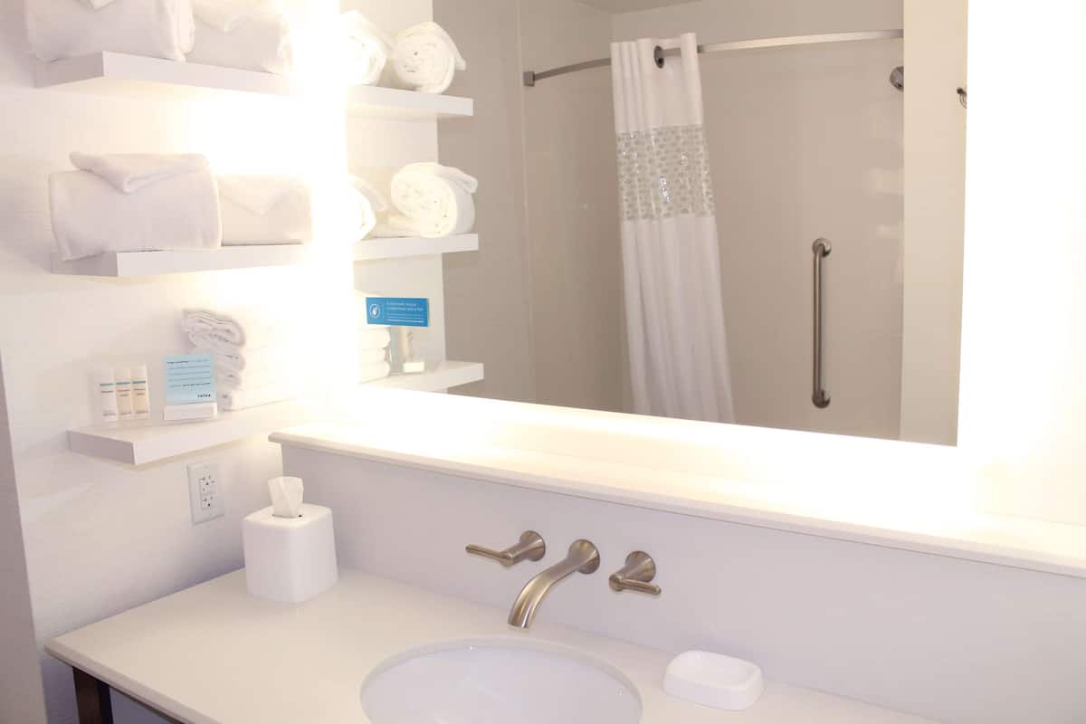 combined shower/bathtub, free toiletries, hair dryer, towels