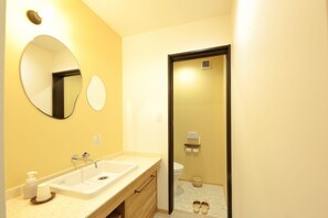 Un baño con lavamanos, espejo e inodoro.