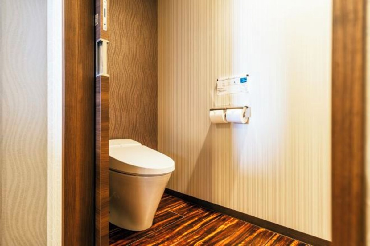 A narrow hallway with a wooden floor and a toilet on the left.