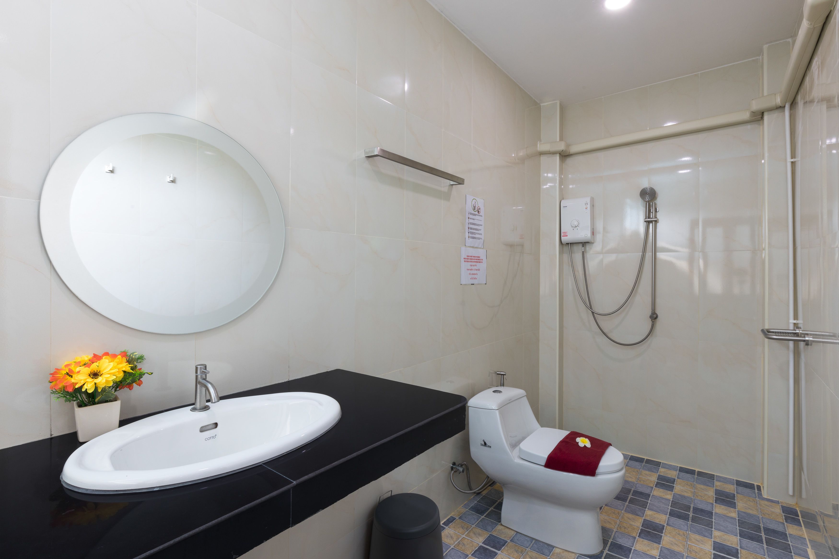 Een douche, gratis toiletartikelen, een haardroger, handdoeken