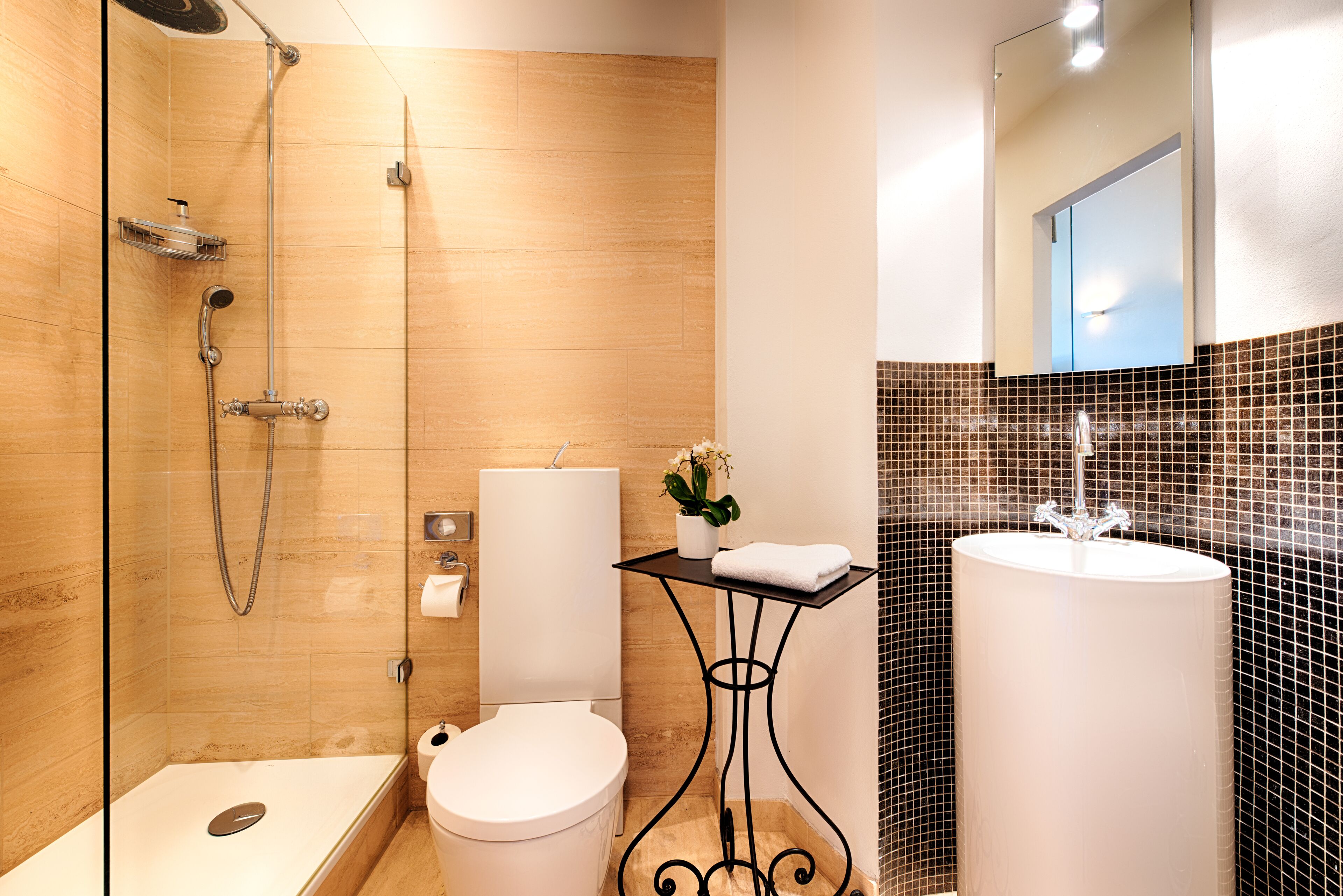 Un baño moderno con ducha de vidrio, inodoro blanco, lavamanos con salpicadero de azulejos negros y una pequeña mesa con planta en maceta.