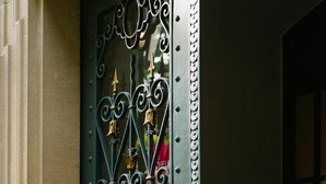 A door with a metal design, a brass lion head, and a decorative panel. - Hotel Schloss Lehen (Bad Friedrichshall)
