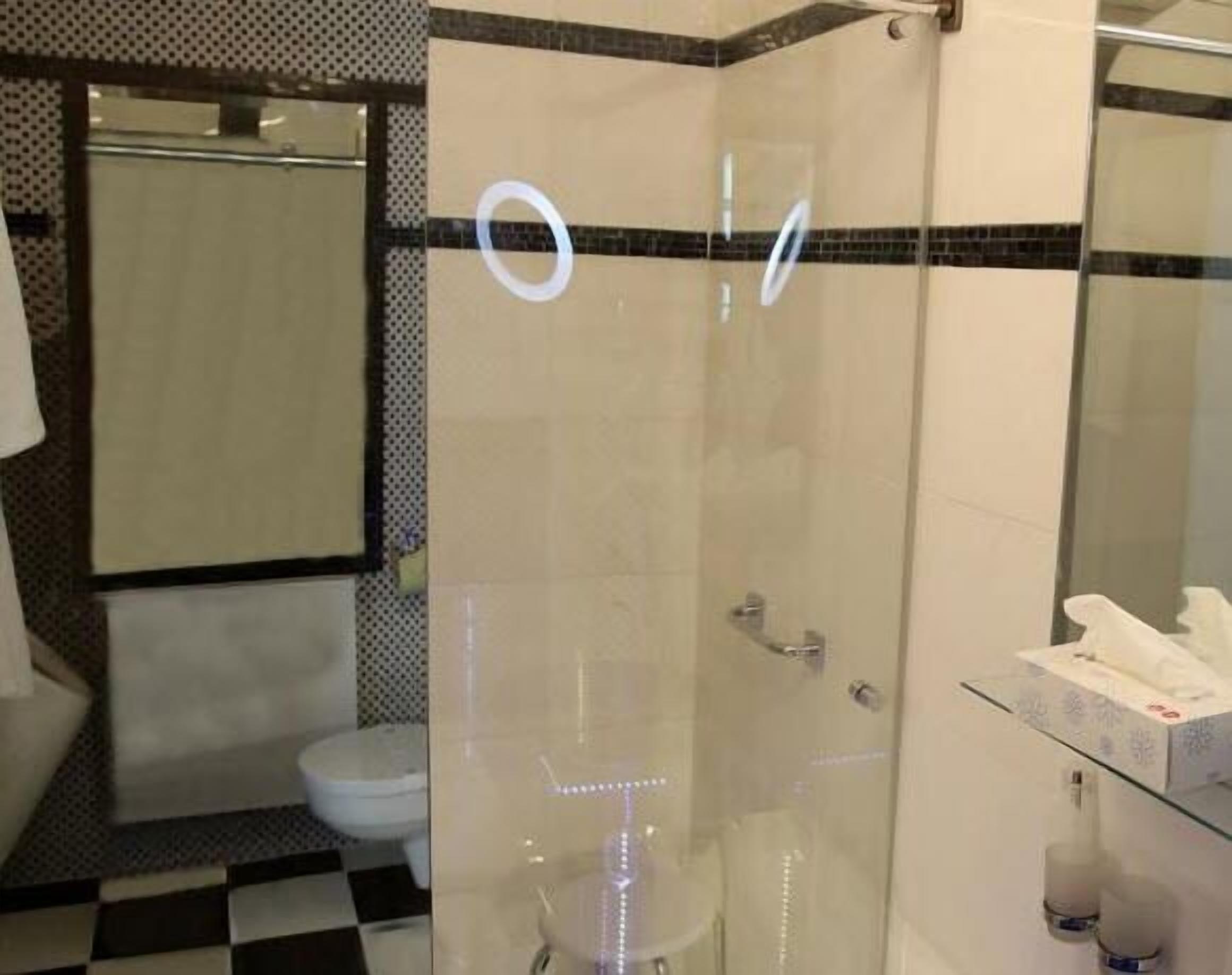 A modern bathroom with a glass shower enclosure, a toilet, and a sink with a mirror.