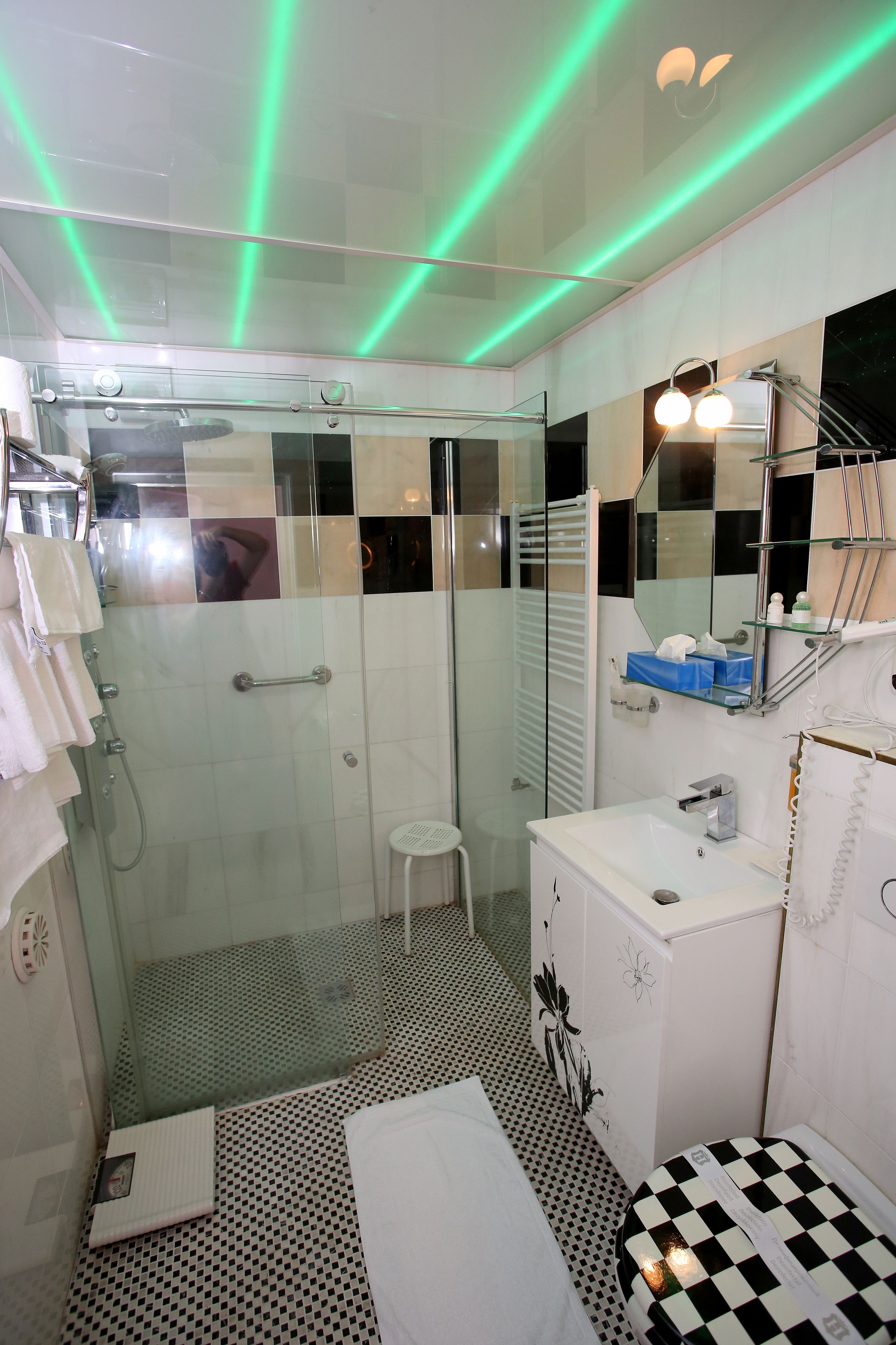 A modern bathroom with a glass shower enclosure, a white sink with a mirror, and a checkered toilet seat.