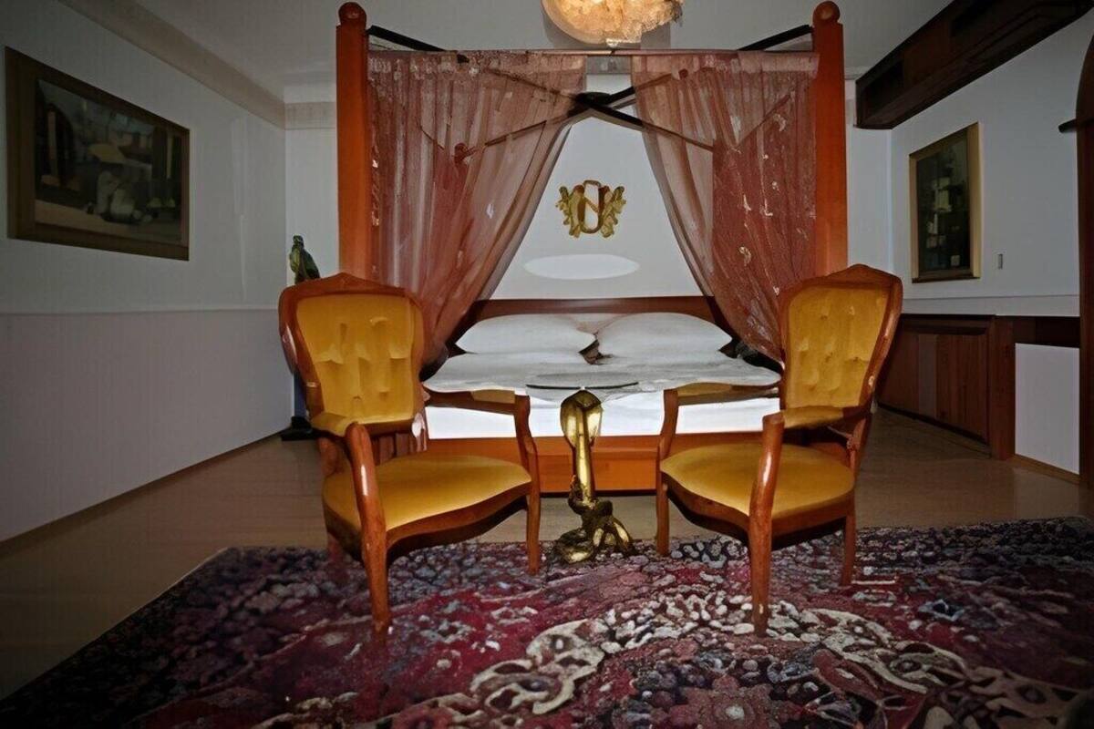 Een kamer met een hemelbed, twee stoelen, een klein tafeltje en een kamerbreed tapijt met dessin.