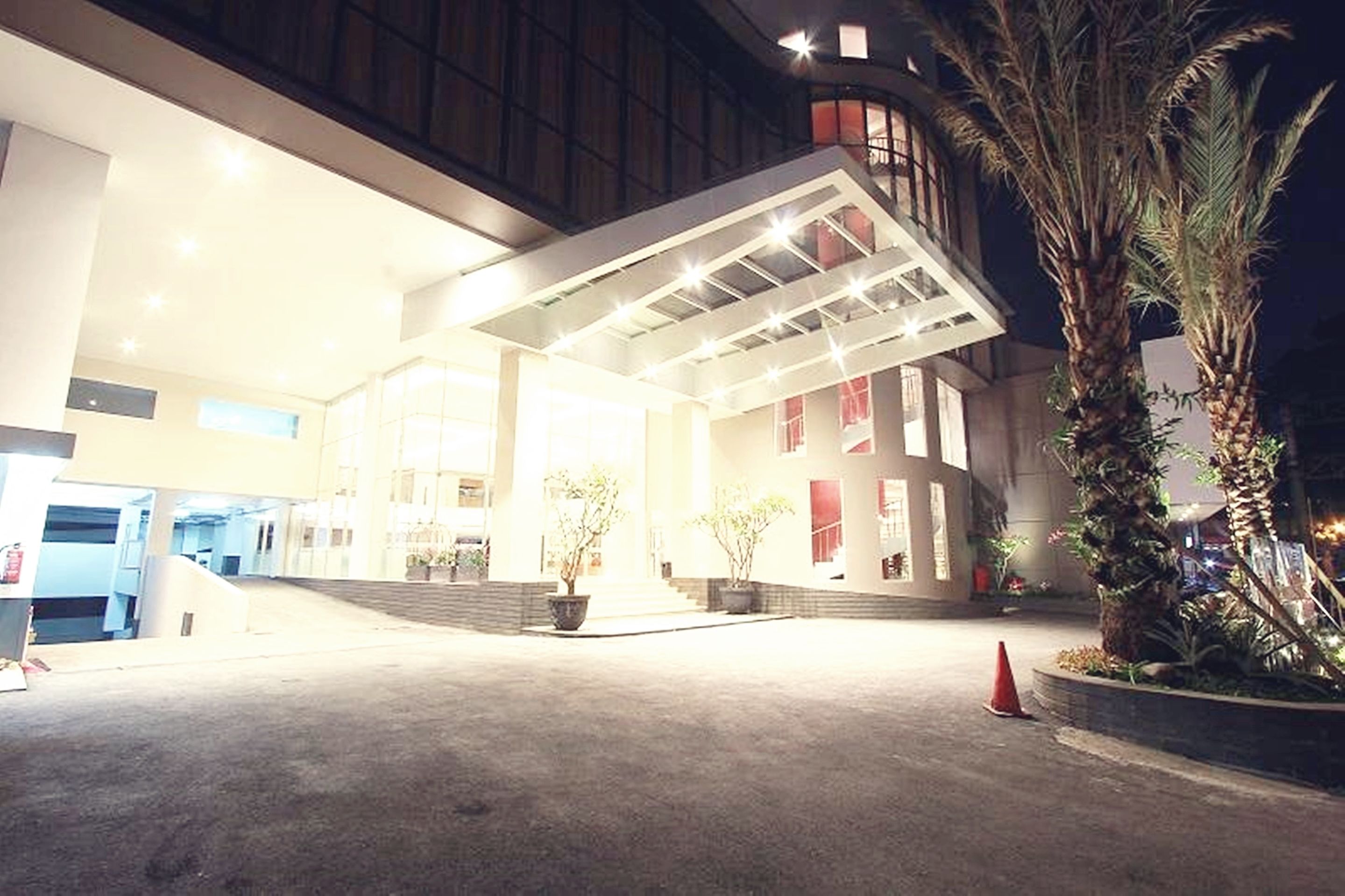 Entrada de hotel con un corredor cubierto, plantas en macetas y una palmera.