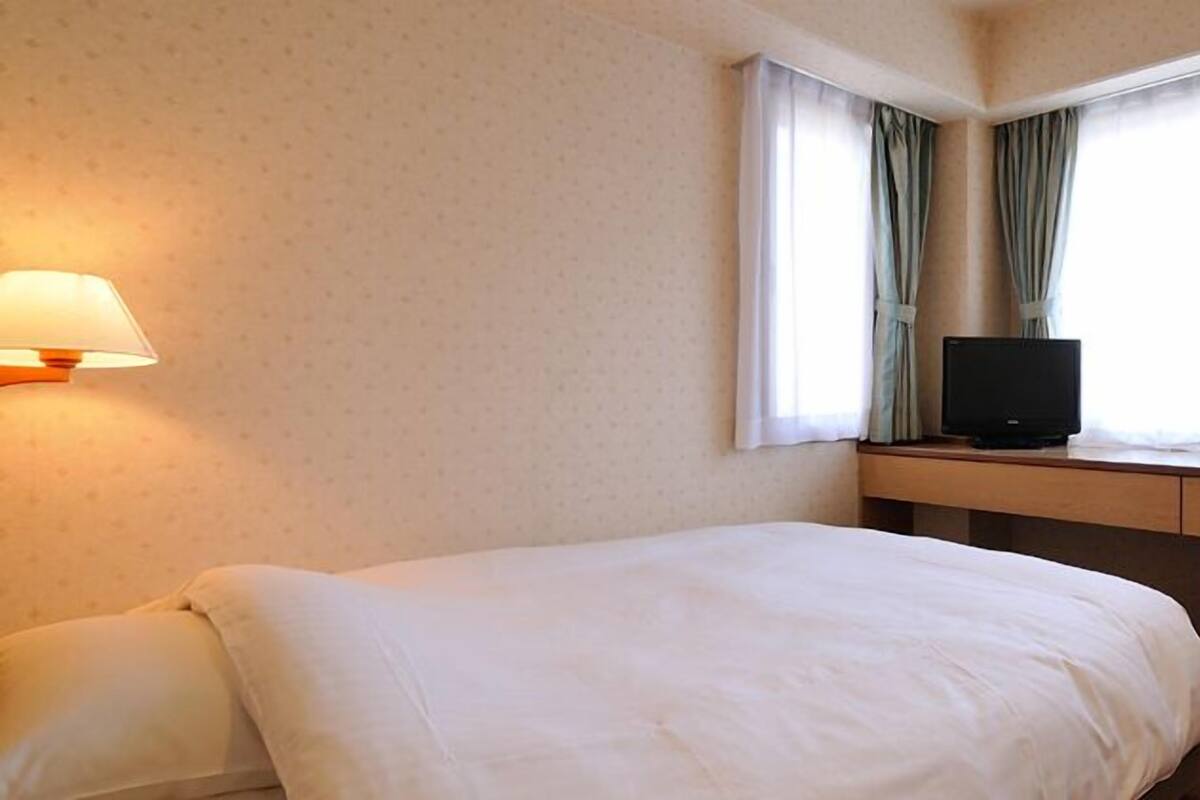 Una habitación de hotel con una cama, un escritorio con televisor y una ventana con cortinas.