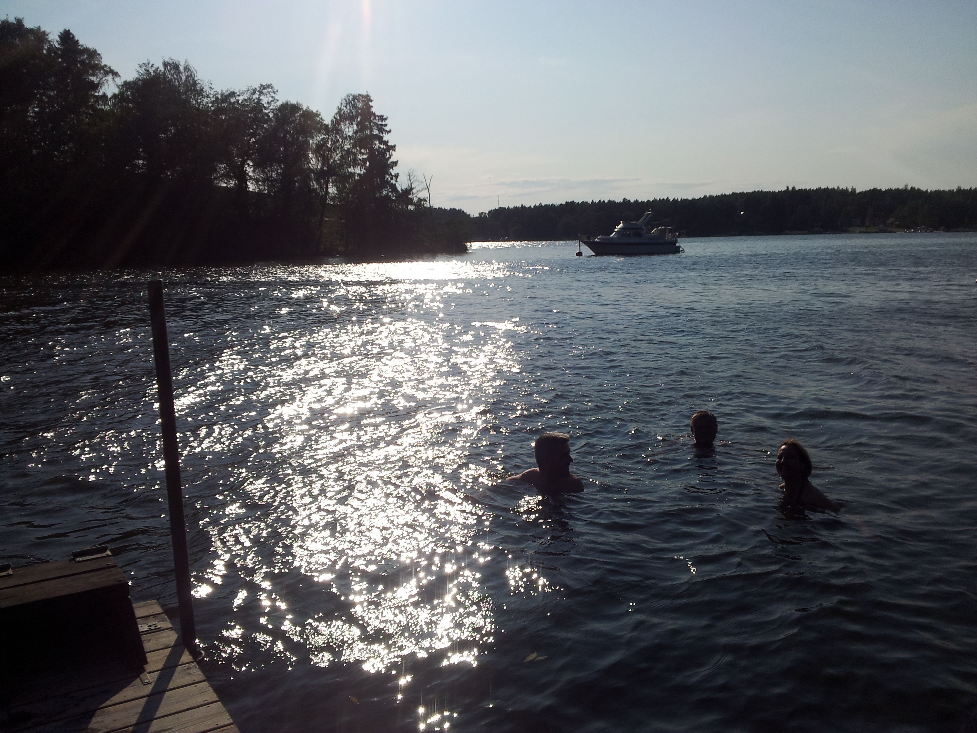 A body of water with a boat in the distance, a dock, and people swimming.