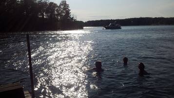 A body of water with a boat in the distance, a dock, and people swimming.