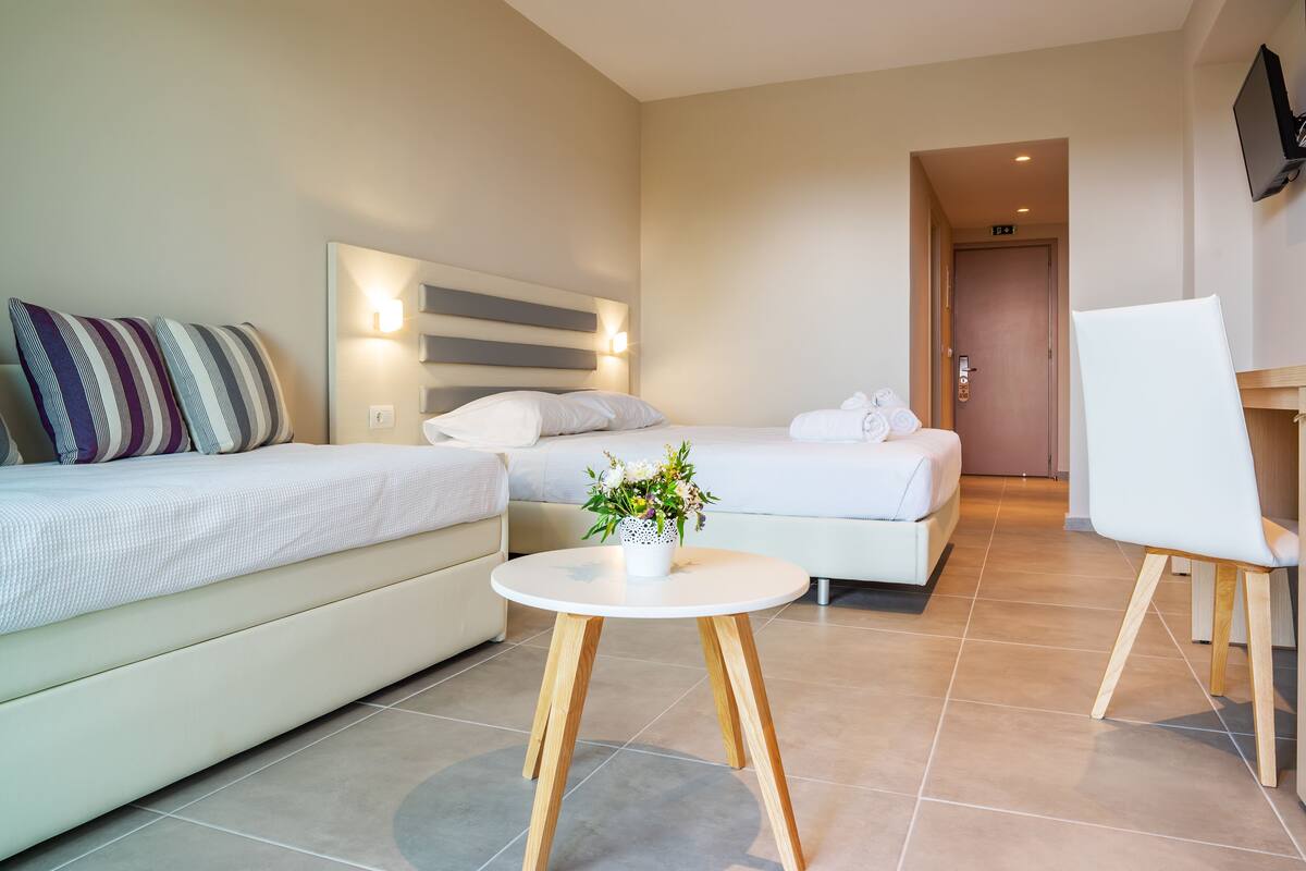 A modern hotel room with a bed, a sofa, a small round table with a plant, and a TV mounted on the wall.