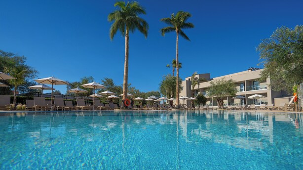 A clear blue pool with lounge chairs and umbrellas, surrounded by palm trees and a building with balconies. - CNic Gemini Hotel (Corfu)