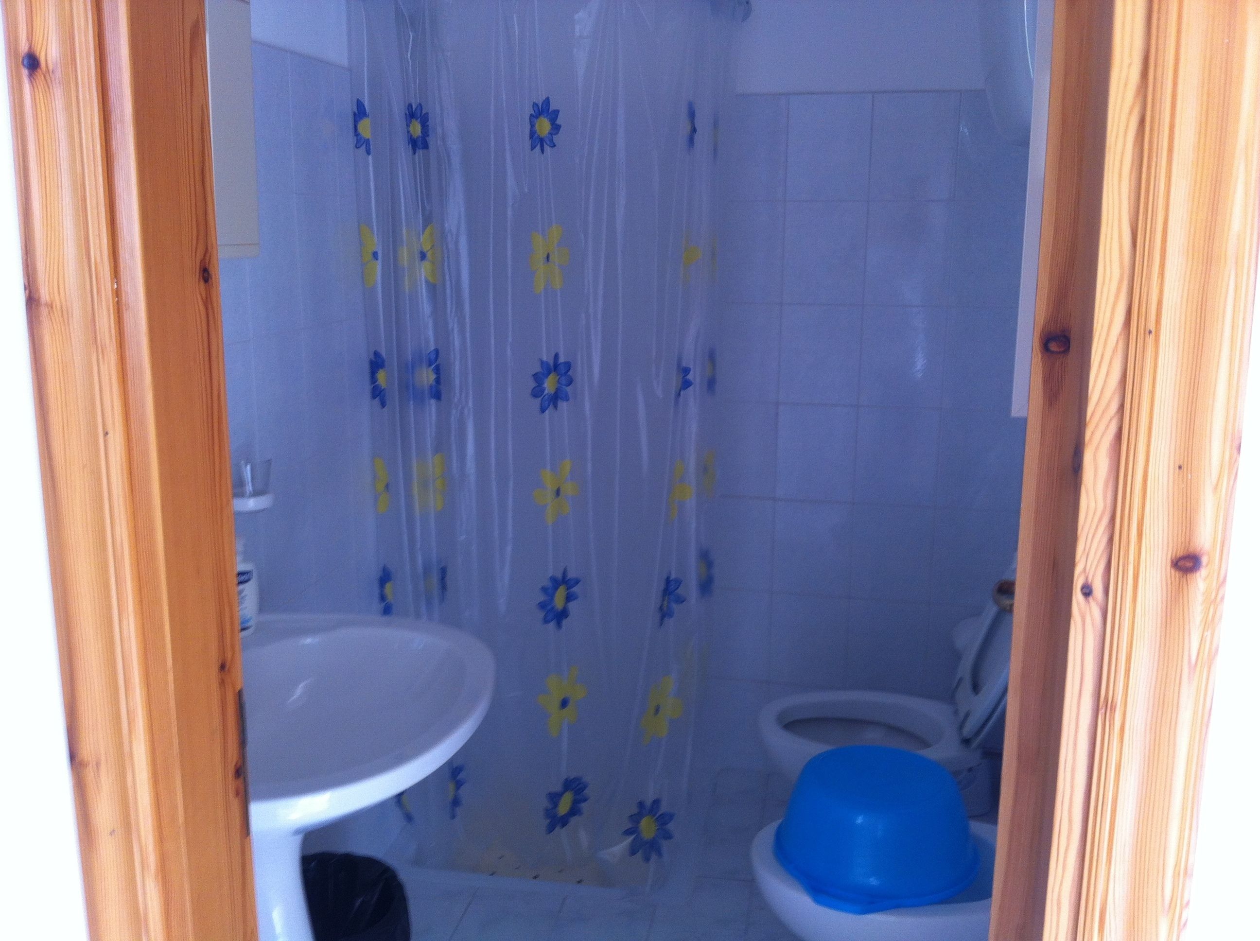 A small bathroom with a toilet, sink, and shower curtain with floral patterns.