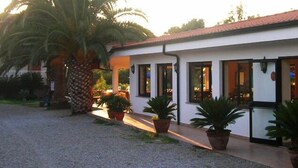 A building with a white exterior and a red-tiled roof. There are multiple windows, some with curtains, and a few potted plants in front. - C'era Una Volta (Ricadi)