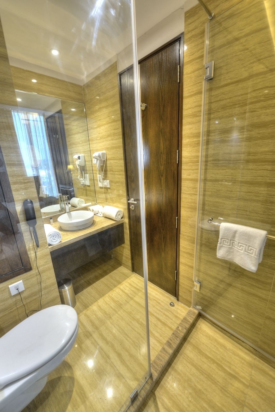 Een moderne badkamer met een douchecabine van glas, een houten deur, een wastafel met spiegel en een toilet.