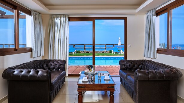 Habitación con vista a la piscina, dos sofás de cuero, una mesa de centro de madera y un amplio ventanal corredero.