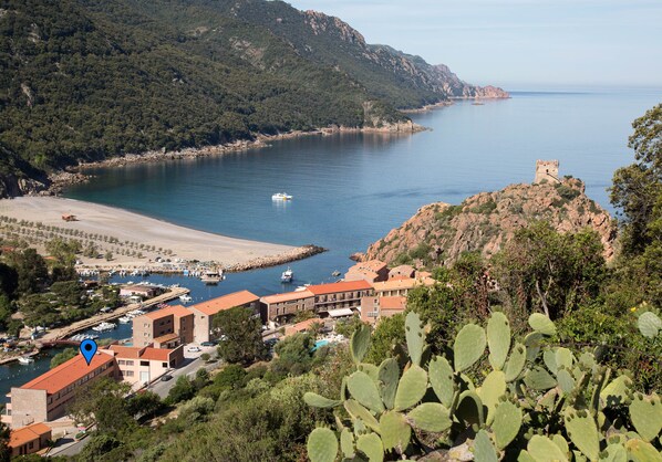 Un pueblo costero con un puerto deportivo, edificios de tejados rojos y un castillo en una colina.