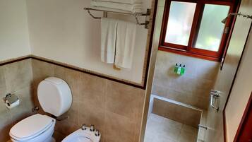 A bathroom with a toilet, bidet, and a shower area.