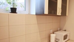 Una cocina equipada con microondas, tostadora y pileta. Se ve una ventana con una planta en el alféizar.