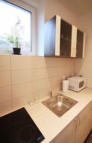 Apartment, Balcony | Private kitchen | Fridge, microwave, oven, stovetop - Jezerka Apartments (Prague)