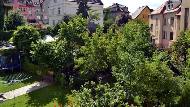 Un barrio residencial con casas, un trampolín y un jardín.