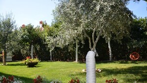 Un giardino con diverse piante e una scultura decorativa in corda.