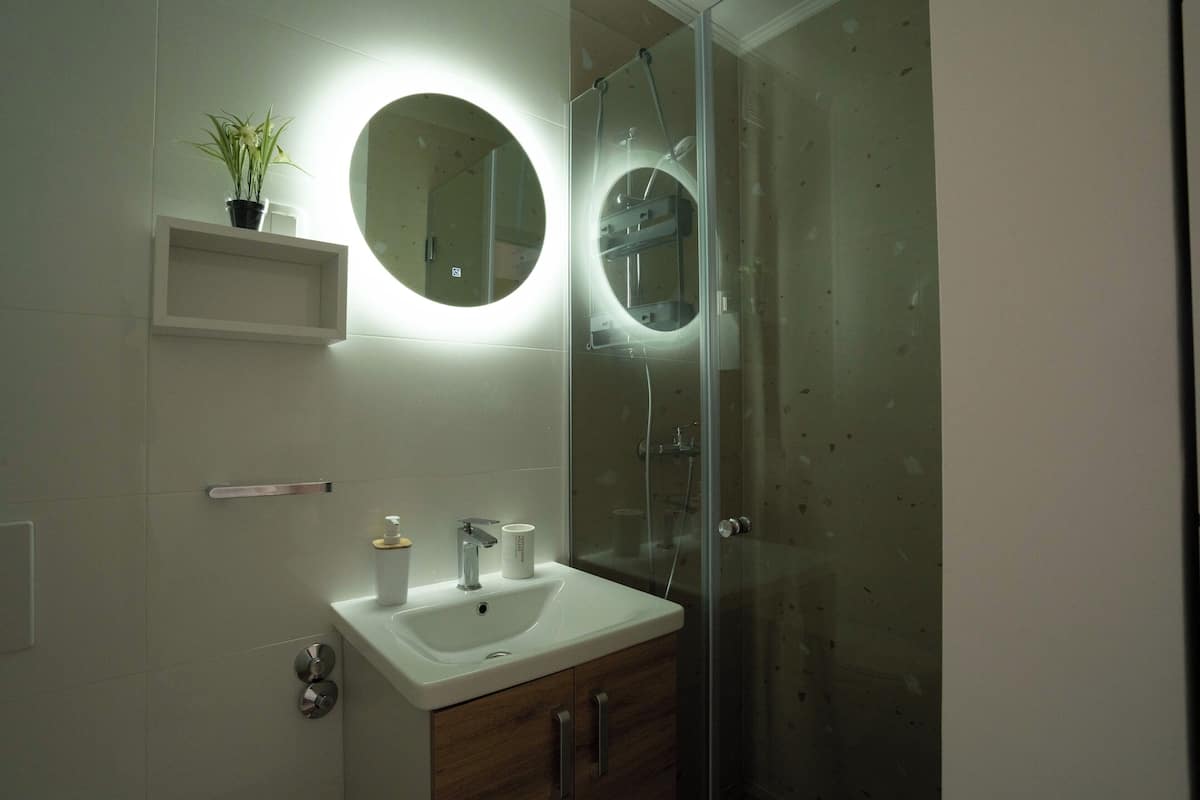 A modern bathroom with a white sink, a mirror, and a glass shower enclosure.