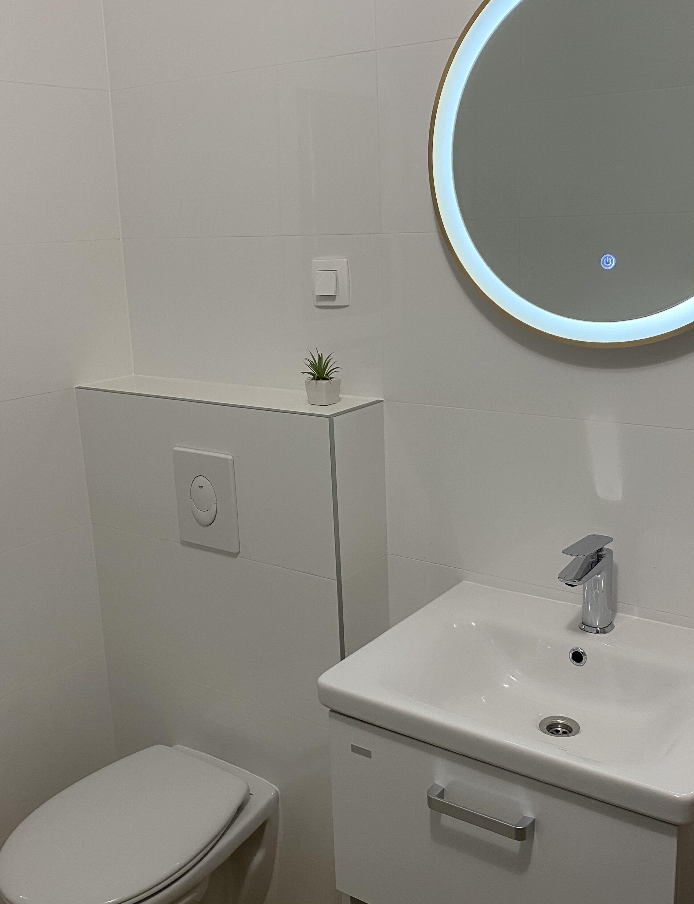 A modern bathroom with a toilet, sink, and mirror.