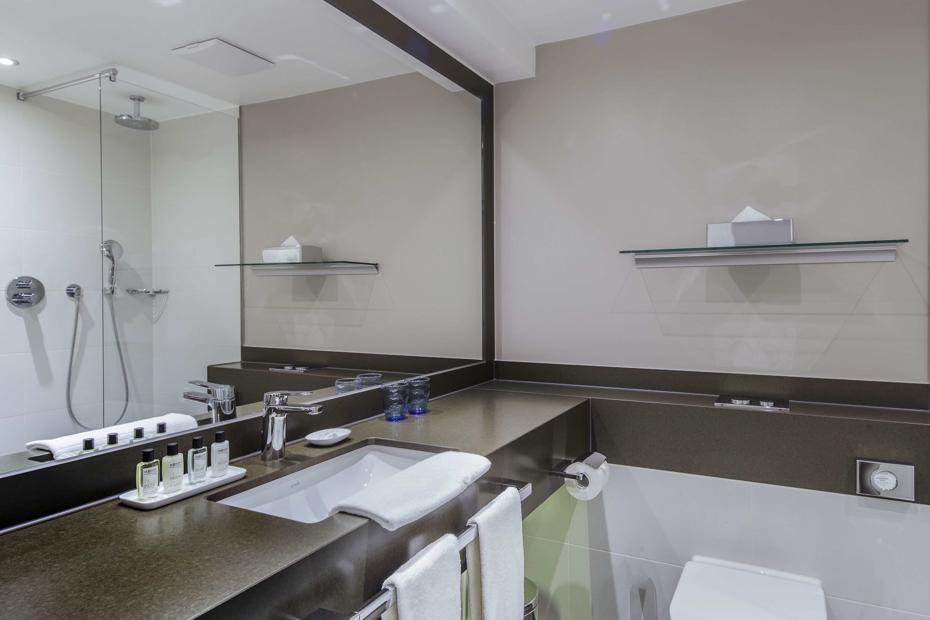 shower, rainfall showerhead, free toiletries, hair dryer