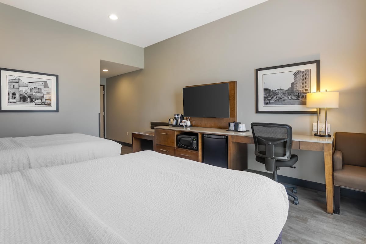 Standard Room, 2 Queen Beds, Non Smoking | In-room safe, desk, laptop workspace, blackout drapes