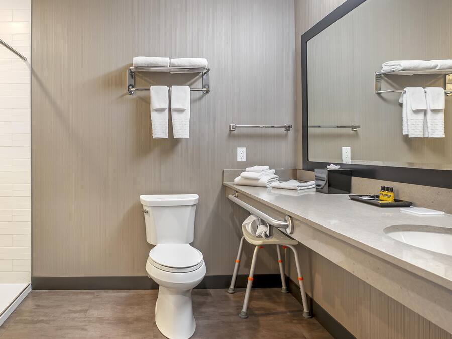 Et moderne badeværelse med toilet, vask og spejl. Der er håndklæder på en reol og en trinbræt for tilgængelighed.