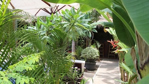 A pathway flanked by lush tropical plants and a thatched-roof structure. - Dream Mango Villa (Siem Reap)