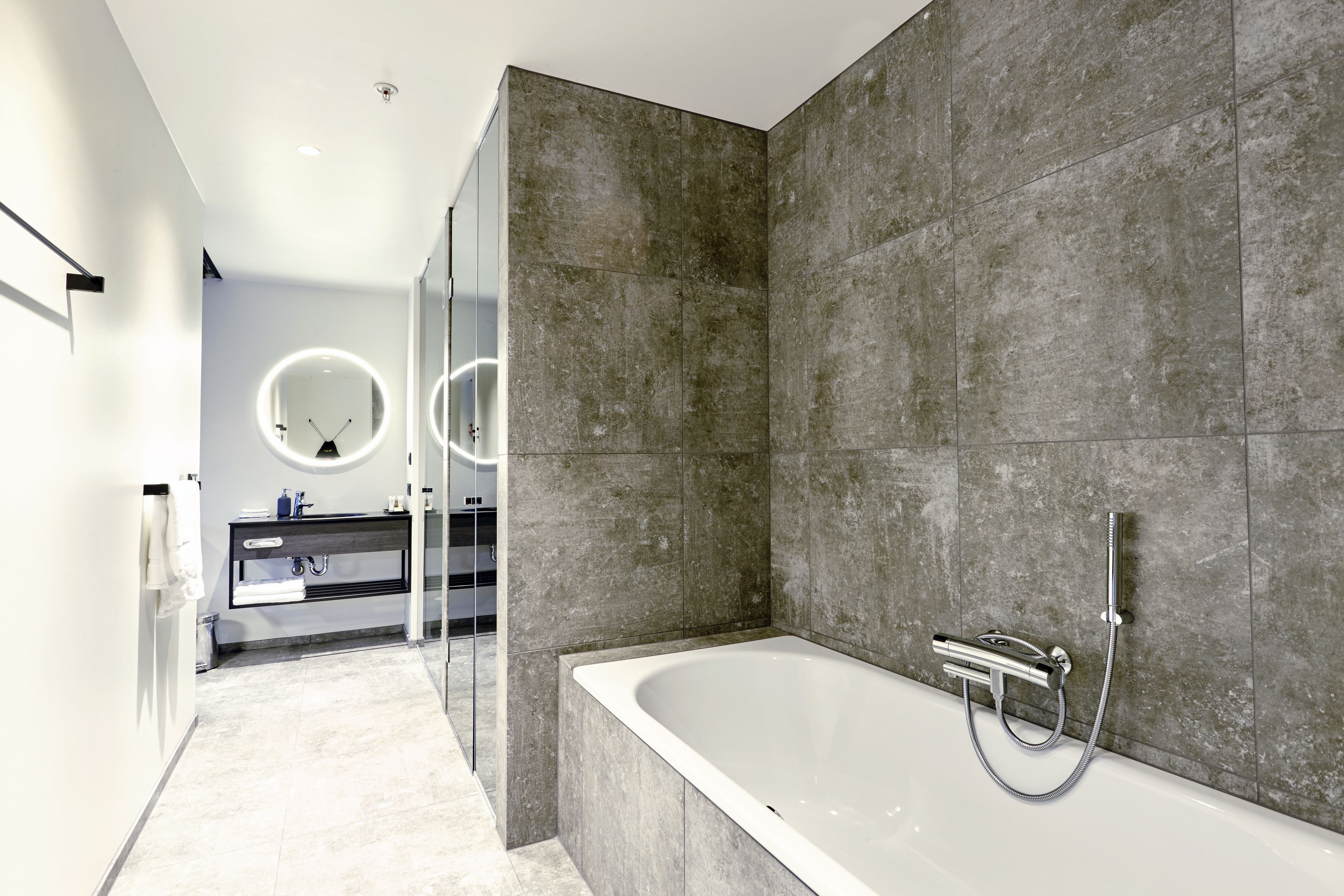 suite | bathroom | shower, hair dryer, slippers, heated floors
