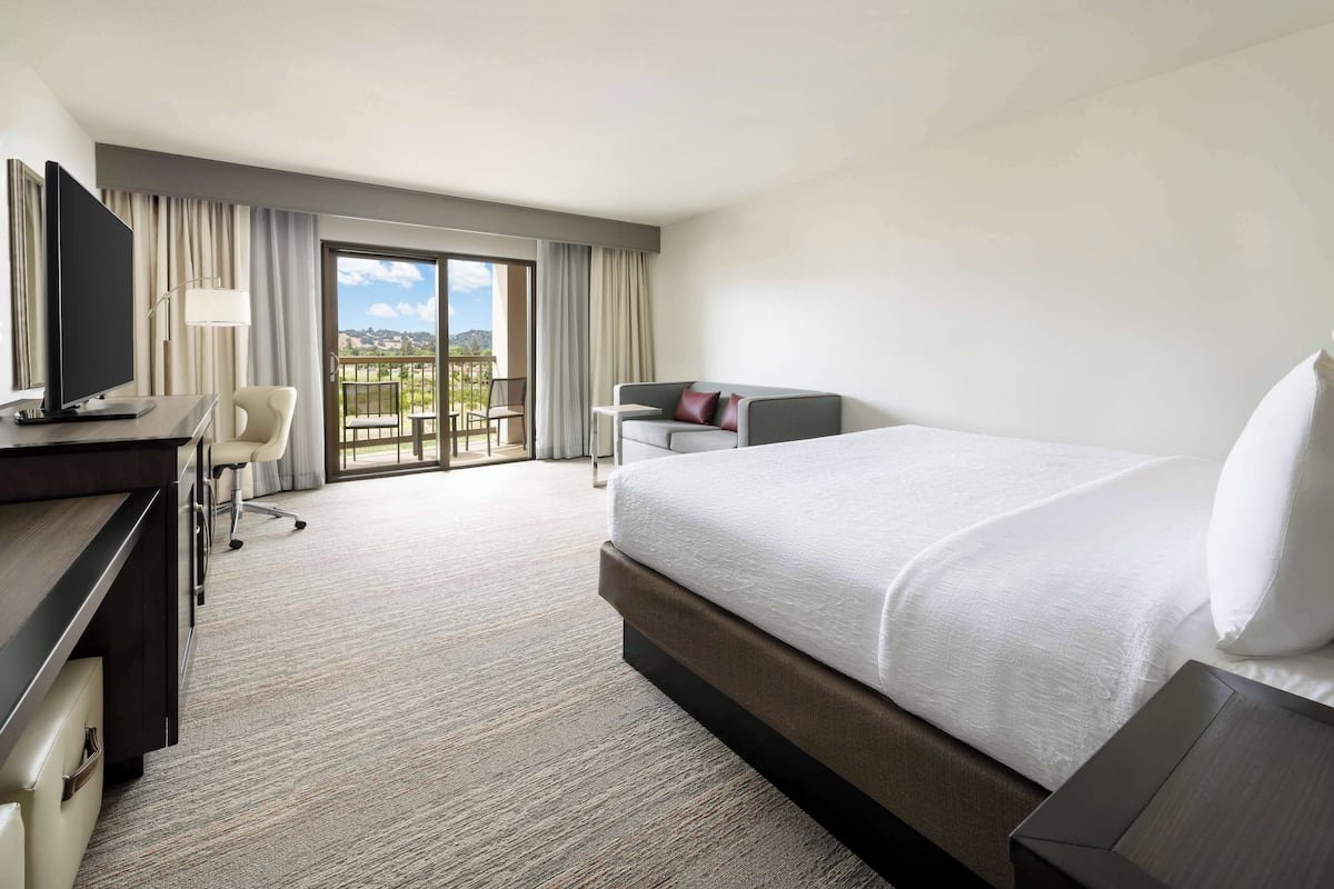 A hotel room with a large bed, a desk with a computer, a chair, and a TV. There is a balcony with a view of the countryside.