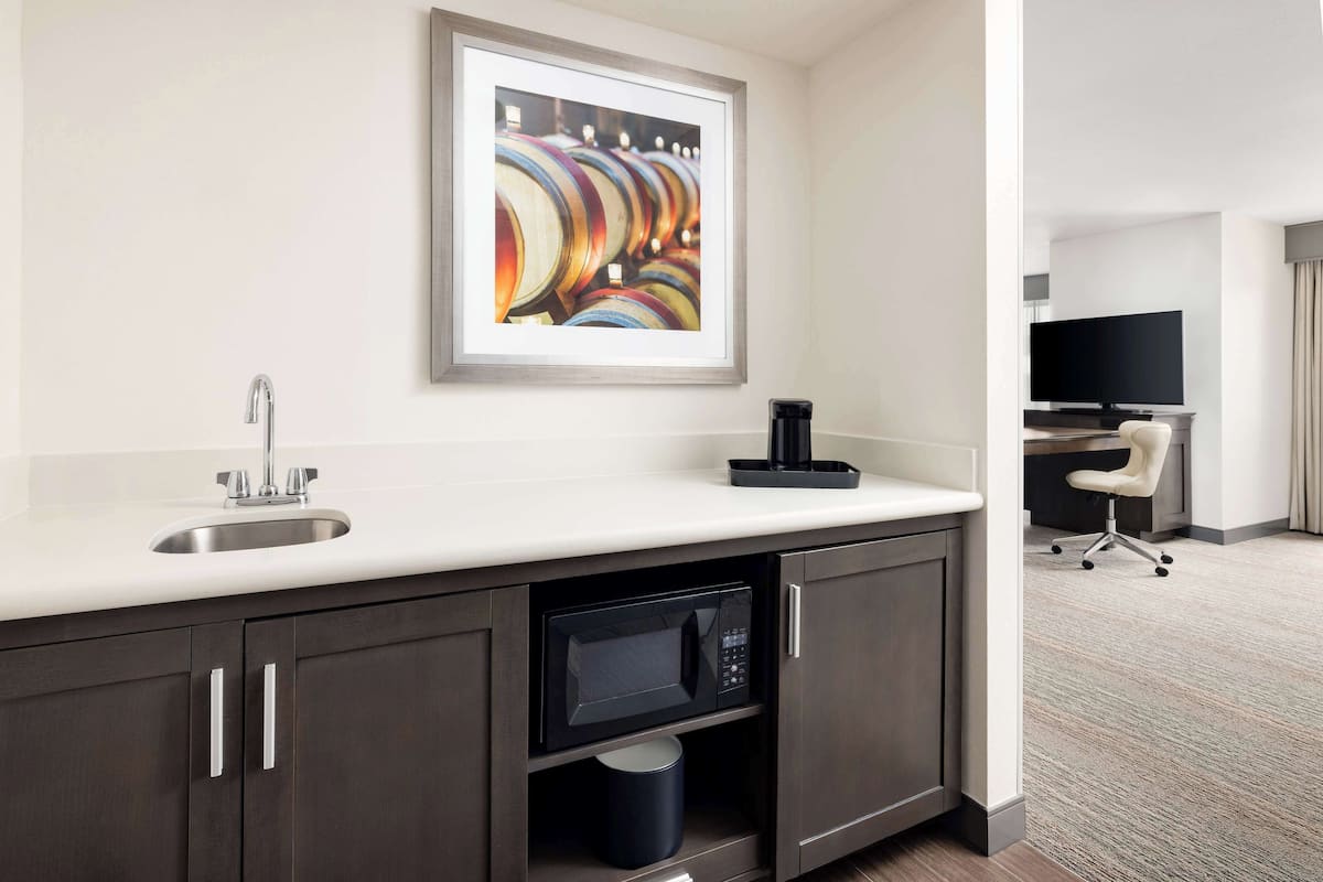 A modern kitchen with a stainless steel sink, a microwave, and a coffee maker. There is a framed picture on the wall and a TV in the background.