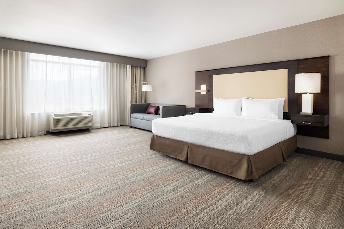 A hotel room with a large bed, a sofa, a desk, and a window with curtains.