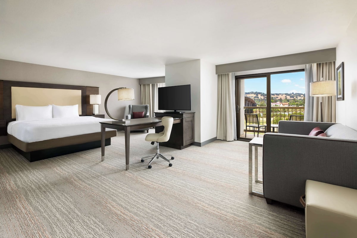 A hotel room with a bed, desk, chair, TV, and a sofa.