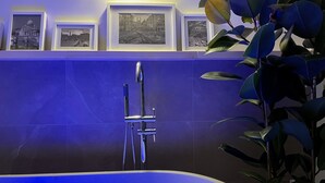 A bathroom with a bathtub, framed pictures on the wall, and a plant. - Le Coq Suites (Rome)