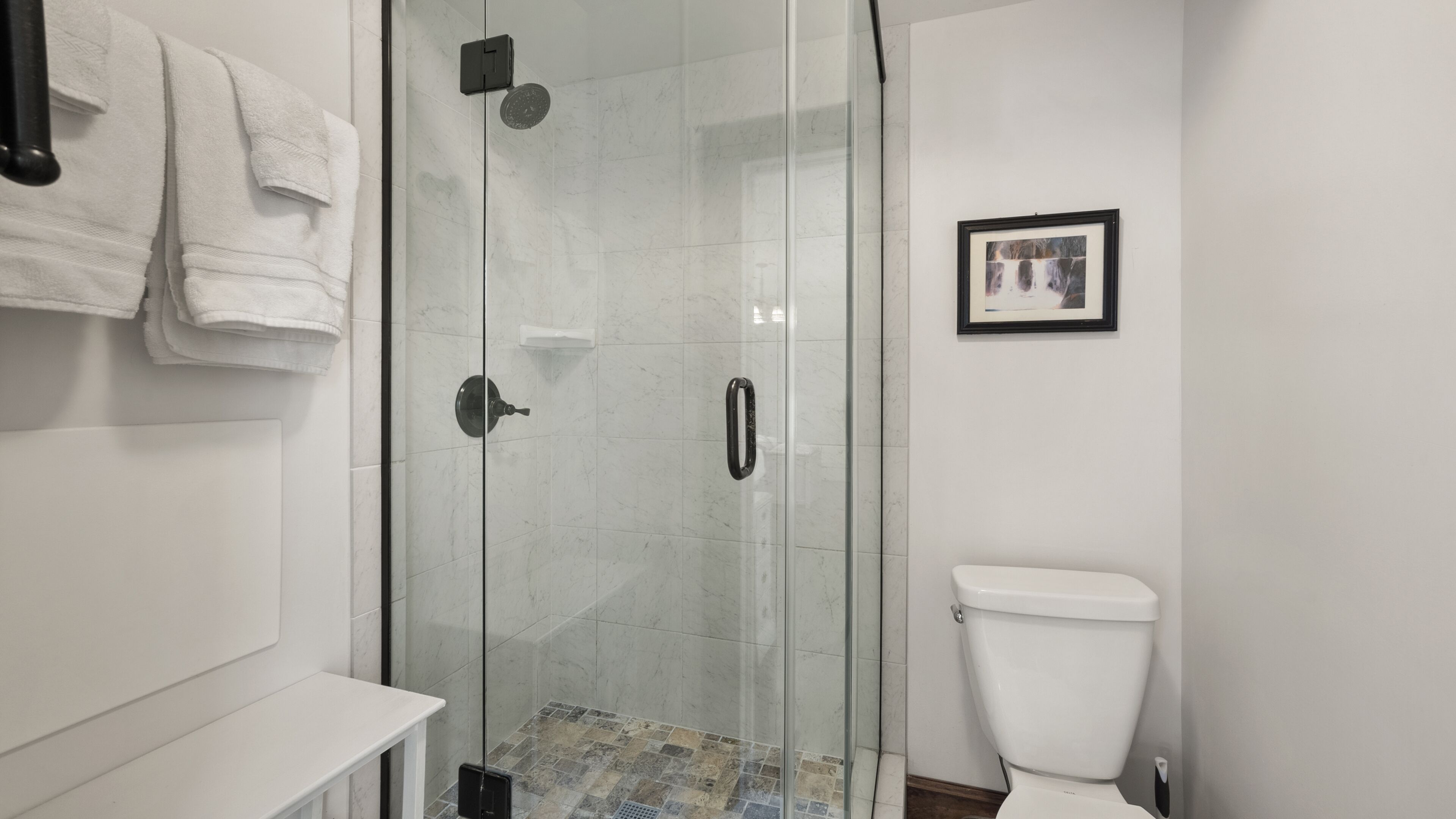 A modern bathroom with a glass-enclosed shower, a toilet, and a framed picture on the wall.