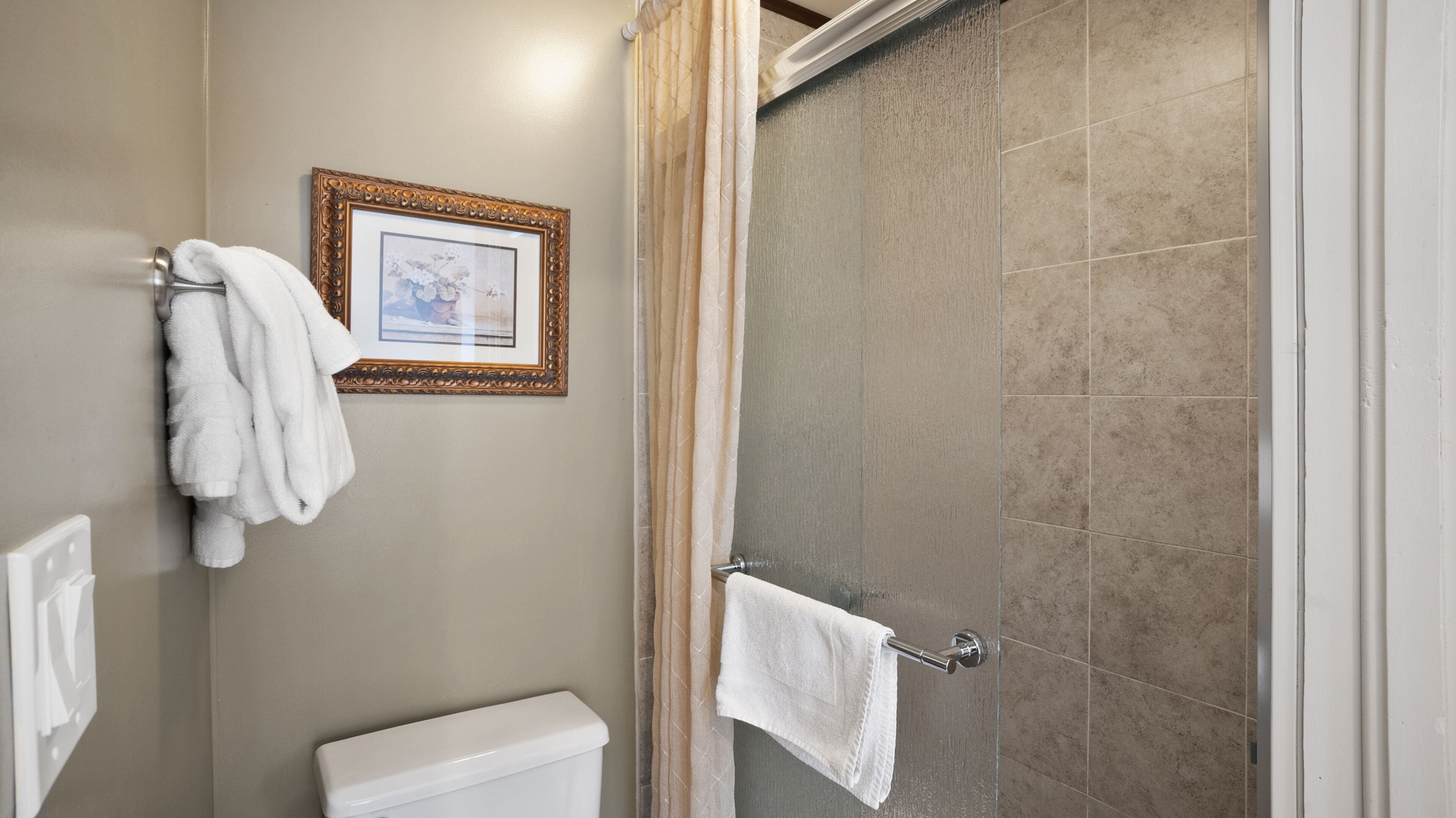 A bathroom with a shower, a toilet, and a framed picture on the wall.