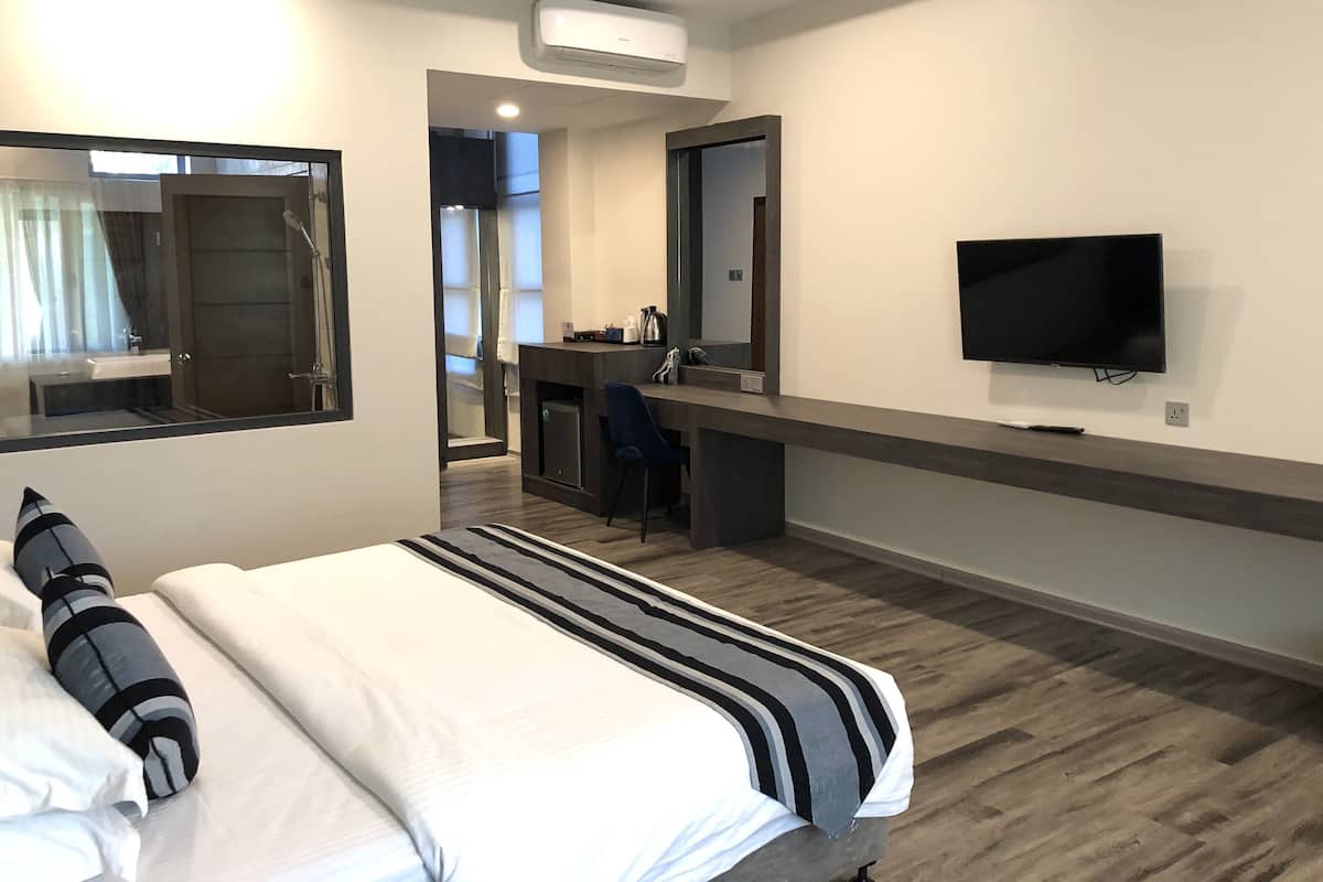 Une chambre d’hôtel équipée d’un lit, d’une télévision, d’un bureau avec une chaise, d’un miroir et d’un appareil de climatisation.