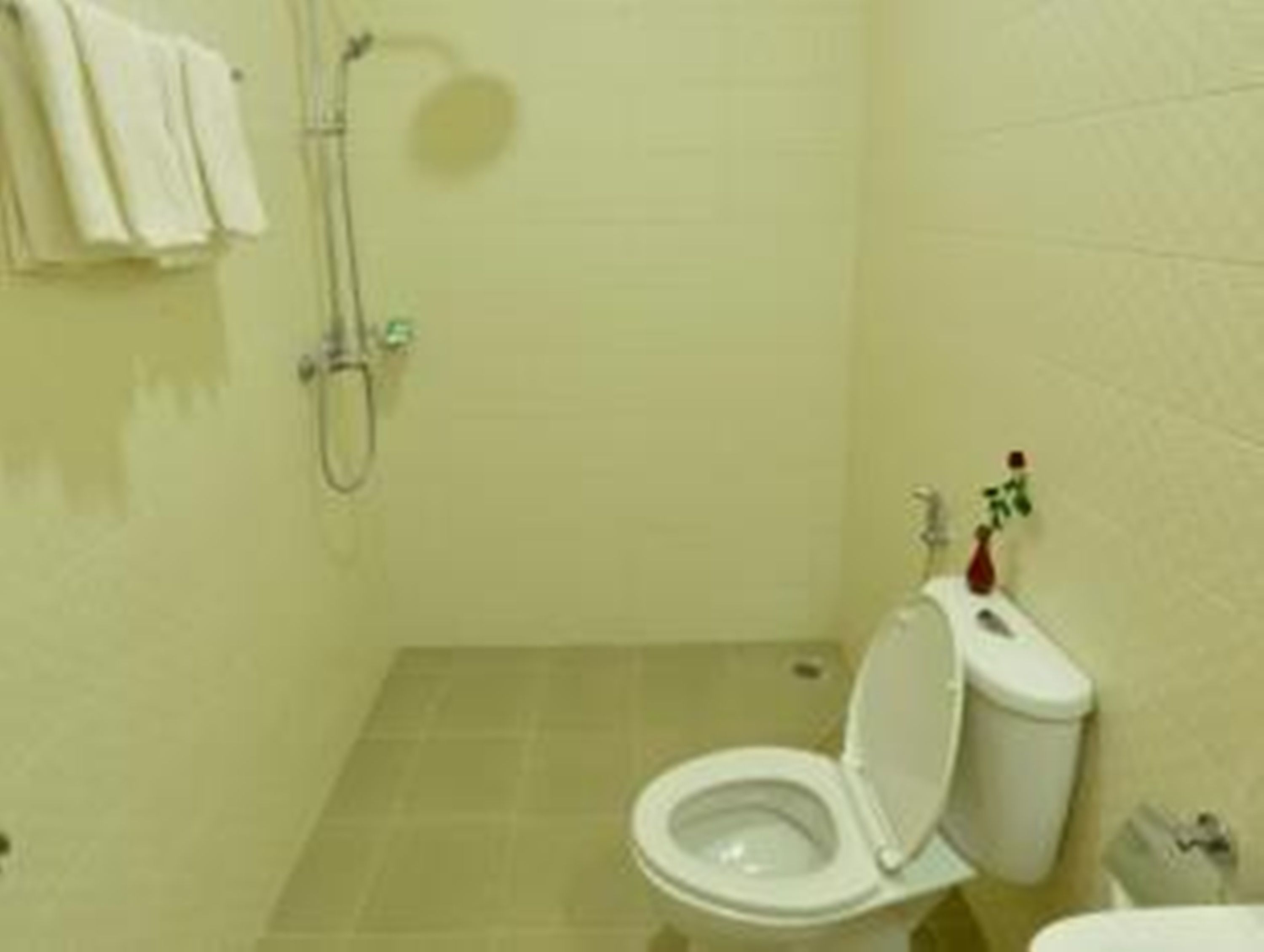 A small bathroom with a toilet, a shower, and a sink.