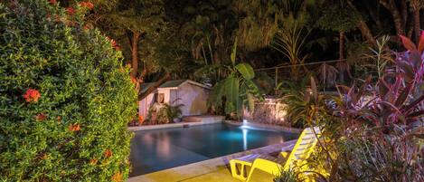 Outdoor pool, pool umbrellas, pool loungers