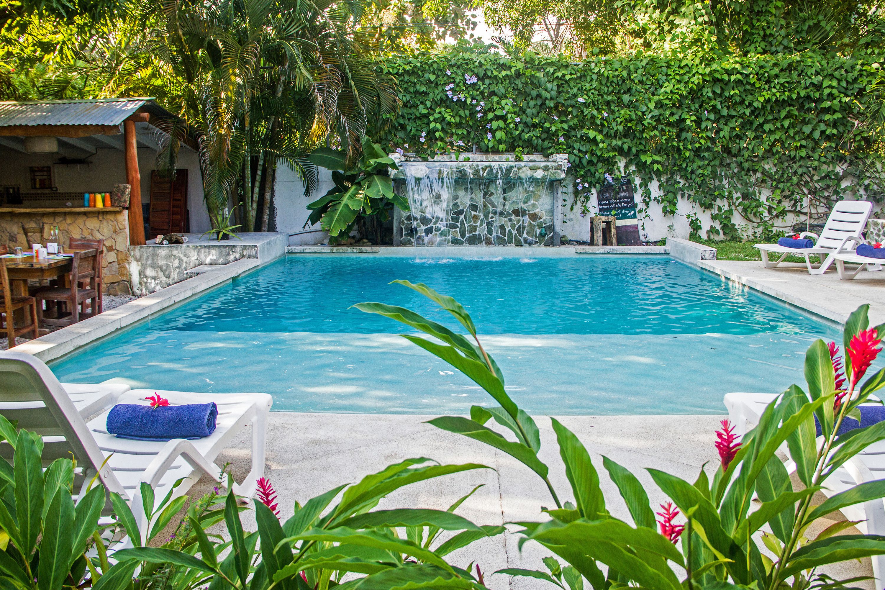 Outdoor pool, pool umbrellas, pool loungers