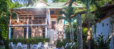 Outdoor pool, pool umbrellas, pool loungers