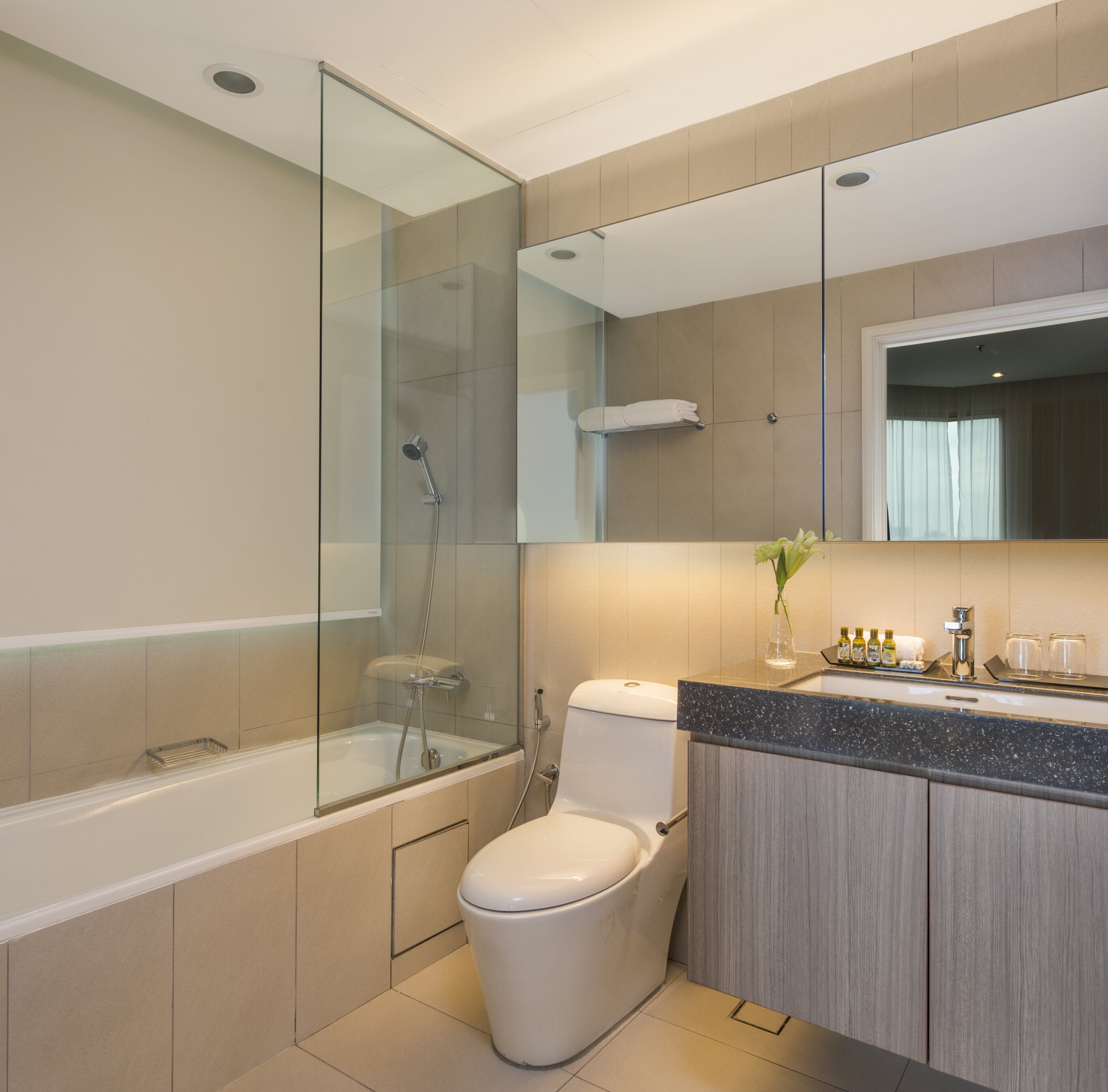 A modern bathroom with a glass-enclosed shower, a toilet, and a vanity with a mirror.