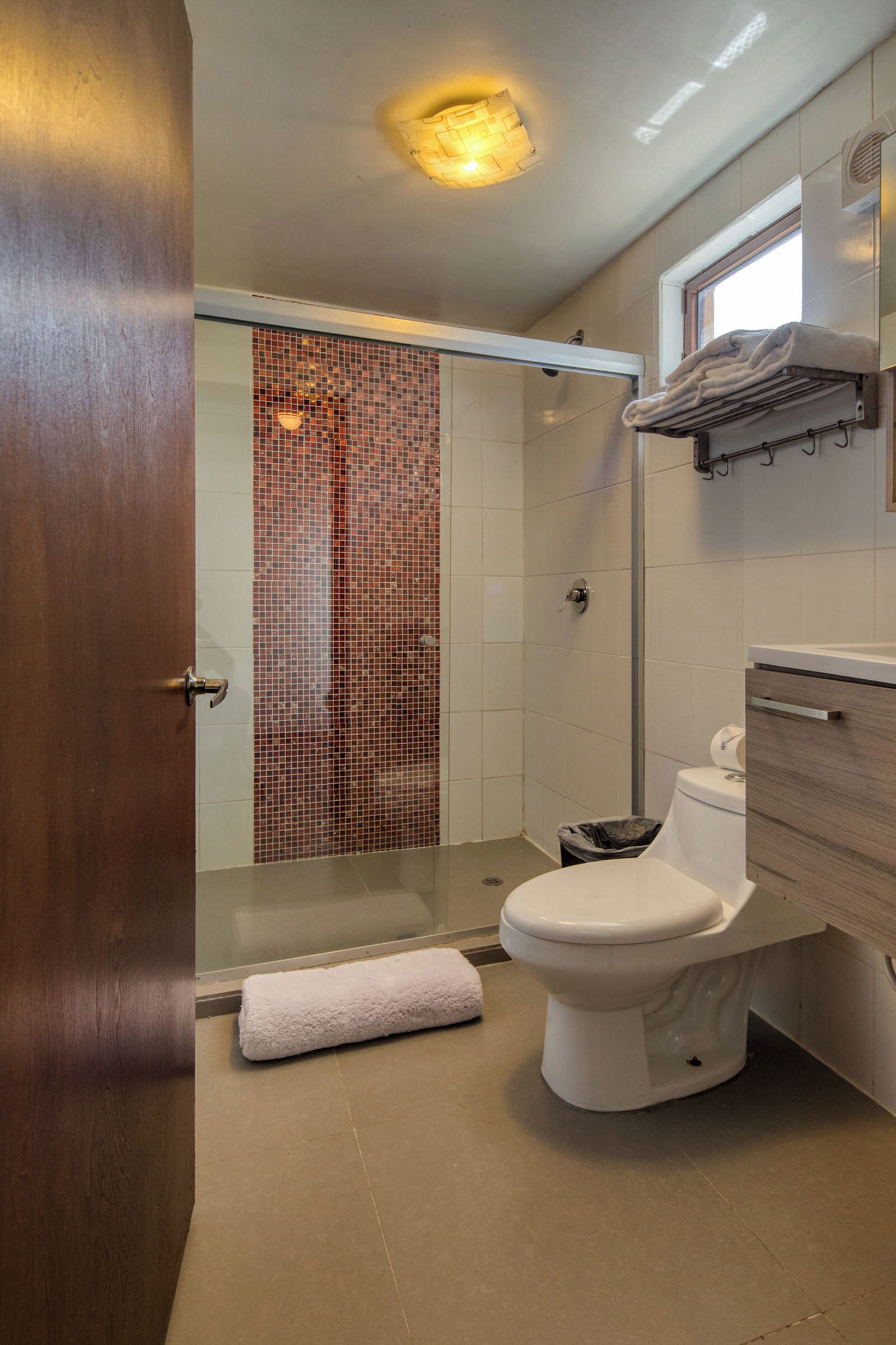 Un baño con ducha, inodoro y perchero para toallas.